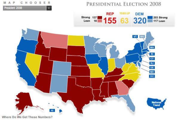 Electoral map from Pollster.com on 10-13-2008